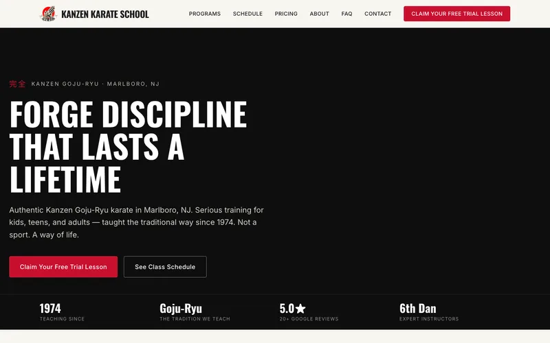 Kanzen Karate School website, desktop view